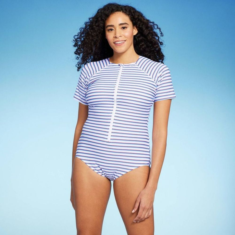 Women's Striped Short Sleeve Full Coverage Rash Guard One Piece Swimsuit -